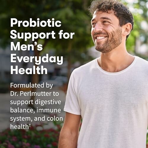 Man smiling with text about probiotic support for men's everyday health.