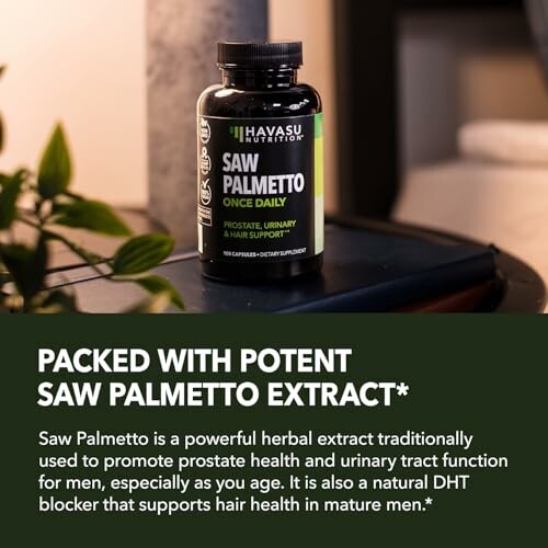 Saw Palmetto supplement bottle on table with description.