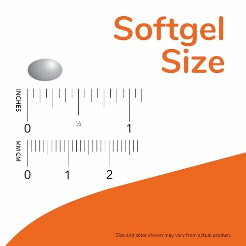 Softgel size chart showing measurements in inches and millimeters.