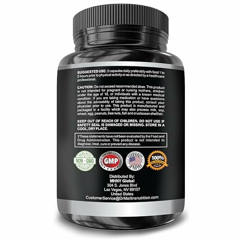 Supplement bottle with suggested use and caution details on the label.