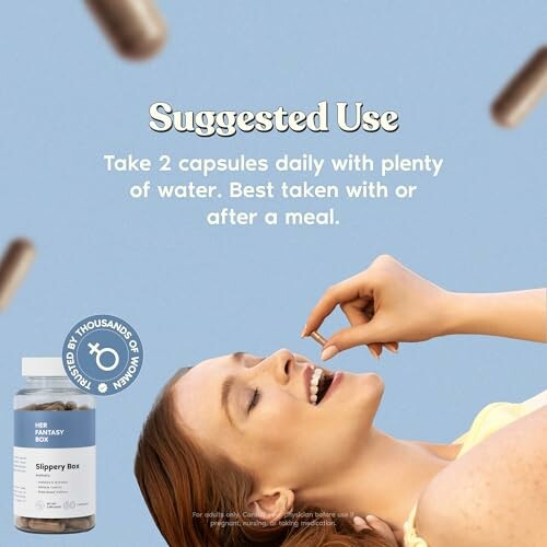 Woman taking a capsule with suggested use instructions.