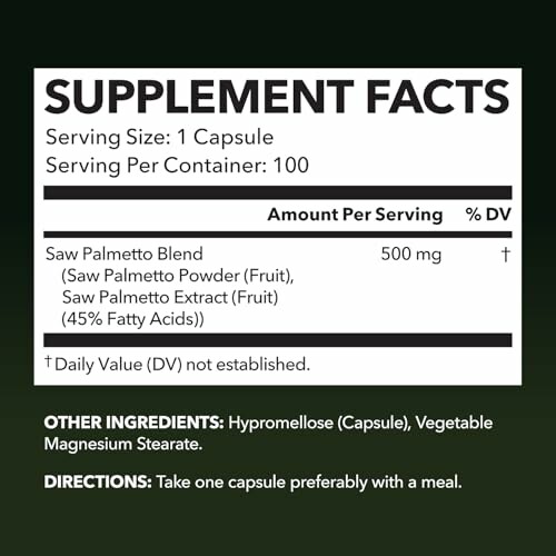 Supplement facts label for saw palmetto blend capsules.