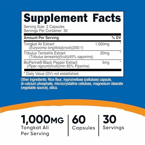 Supplement facts label for capsules with ingredients and serving details.