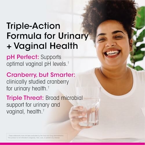 Woman holding a drink, promoting triple-action formula for urinary and vaginal health.
