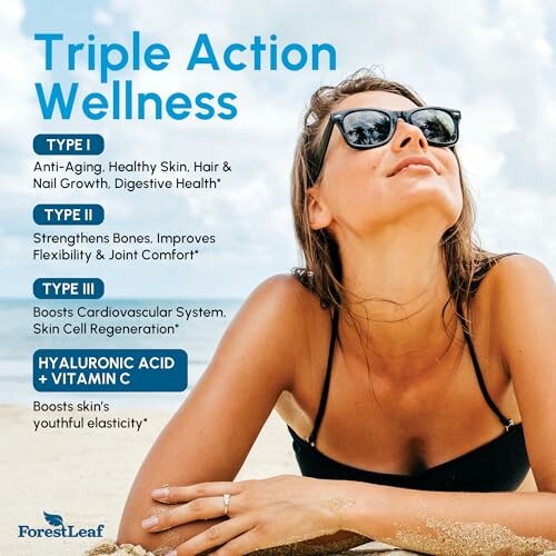 Woman relaxing under a clear sky promoting triple action wellness supplements for skin, bones, and cardiovascular health.