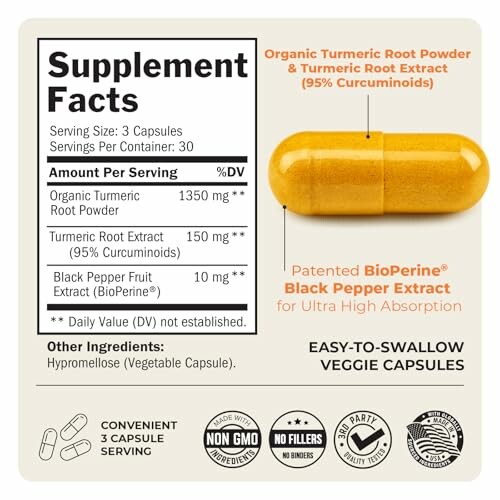 Supplement facts for turmeric capsules with BioPerine.