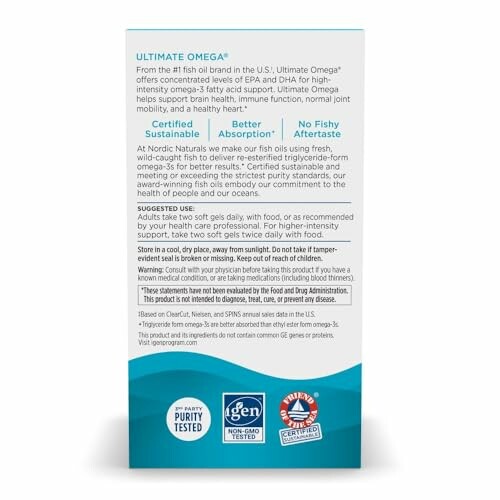Back of Ultimate Omega supplement box with product information and certifications.