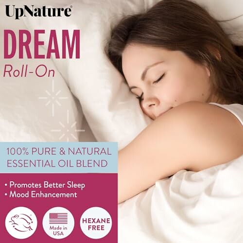 Woman sleeping with UpNature Dream Roll-On essential oil blend. A peaceful and restful sleep is just a few minutes away.