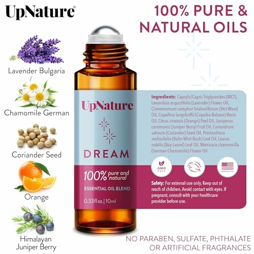 UpNature Dream essential oil blend with natural ingredients. A closer look at the high-quality essential oils used in this product.