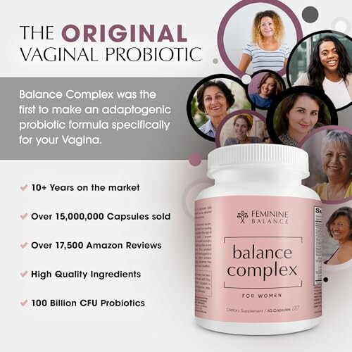 Balance Complex probiotic supplement for women's vaginal health with benefits listed.