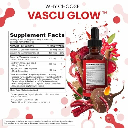 Vascu Glow supplement facts and dropper bottle with ingredients.