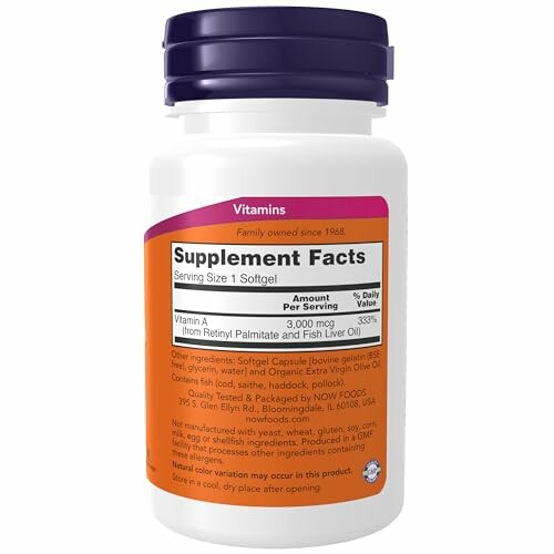 Vitamin A supplement bottle with nutrition facts label. Check the label to ensure you are getting the right dosage.