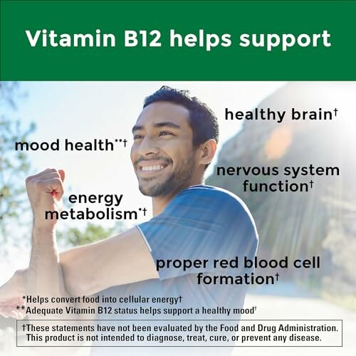 Man smiling with text about Vitamin B12 benefits for brain, mood, metabolism, nervous system, and red blood cell formation.