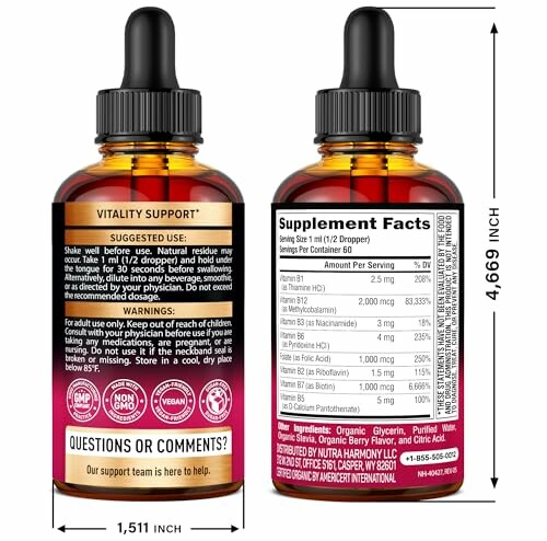 Two bottles of liquid vitamin supplement with droppers, showing suggested use and supplement facts.