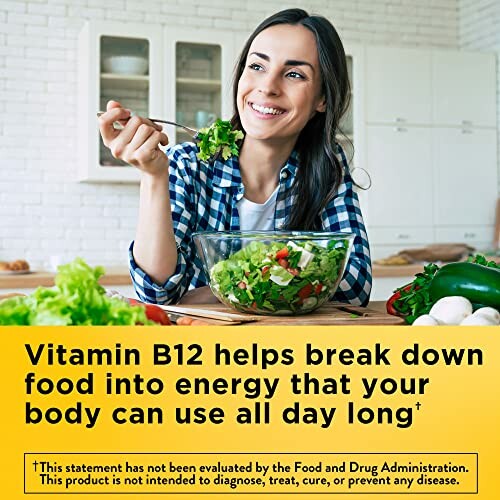 Woman enjoying a salad with a message about Vitamin B12 benefits.
