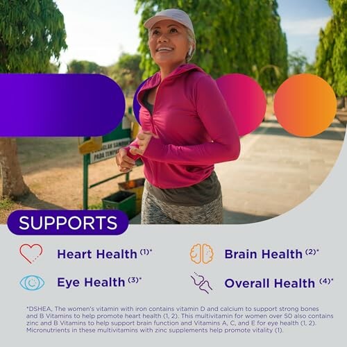 Woman walking in park promoting heart, brain, eye, and overall health support.
