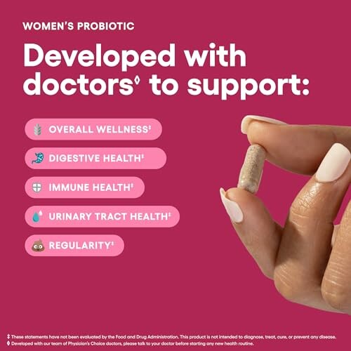 Women's probiotic benefits including overall wellness, digestive health, immune health, urinary tract health, and regularity.
