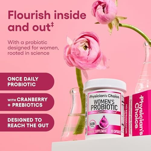 Women's probiotic supplement with cranberry and prebiotics, designed for gut health, featuring product packaging and flowers.